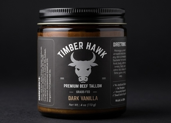 Close up of Timber Hawk Dark Vanilla tallow jar