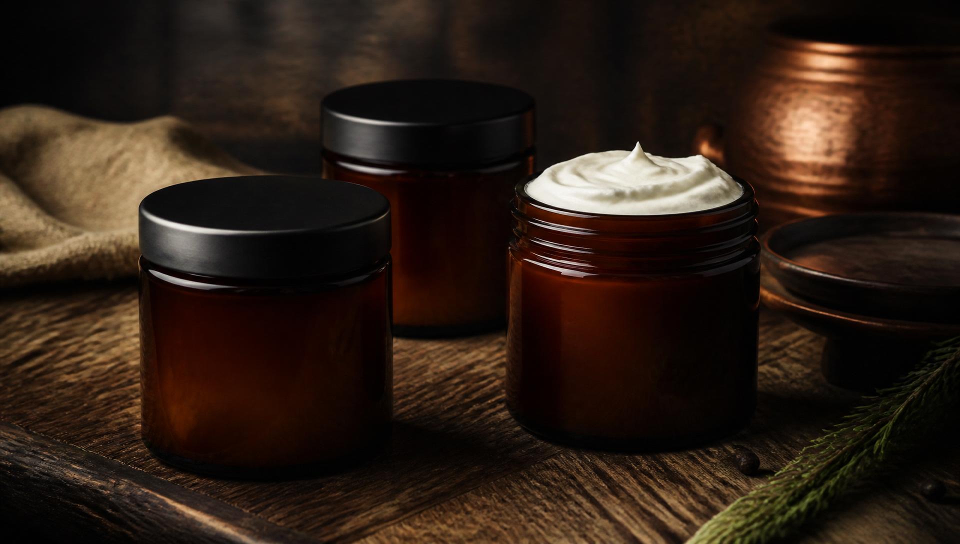 Amber jars of Timber Hawk premium beef tallow on dark slate